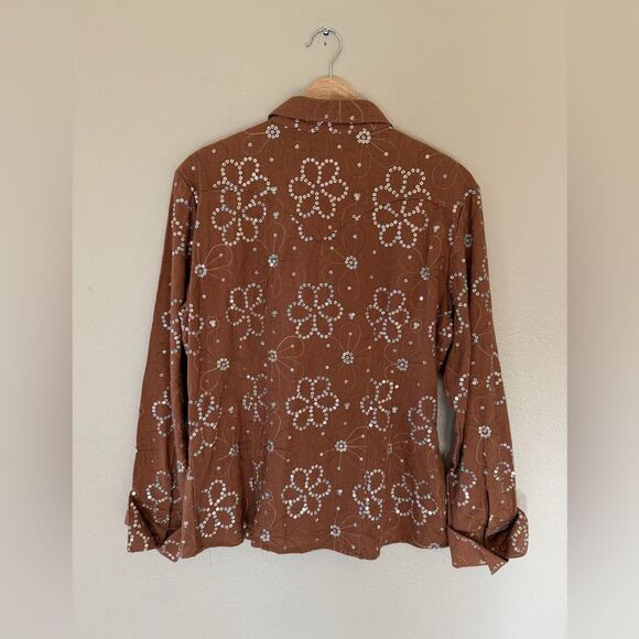Roper Sequin Daisy Floral Brown Country Western Button Down Shirt Sparkle Size L - Picture 7 of 10